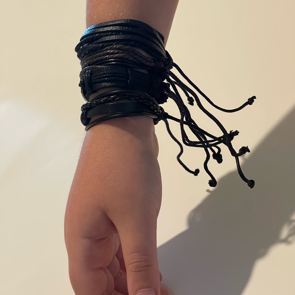Black Adjustable Leather Braided Bracelet Set Rope Multilayer Wristban - Picture 6 of 7